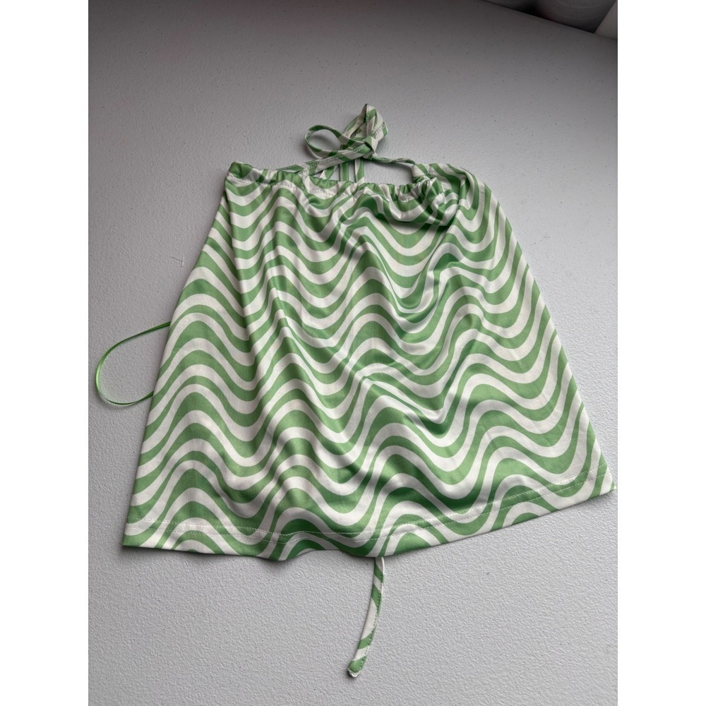 Elodie Halter Top Green Wave Print Tie Back Sleeveless Crop Top Size L
